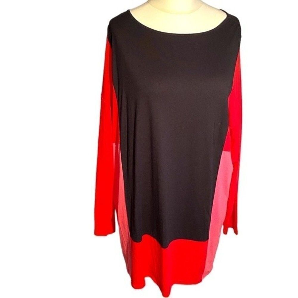 J Jill Color Block Long sleeve Tunic Red Brown Pink Size L Stretch